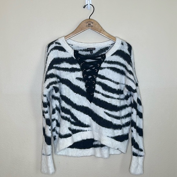 Express Sweaters - Express Long Sleeve Sweater Size S Black White With Lace Zebra Print Stretch